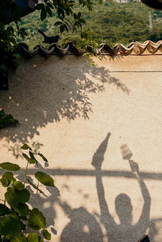 Schattenspiel an der Mauer des Ansitz Romani – Hotel in Tramin, Südtirol